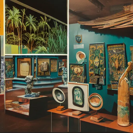 Image similar to A three color offset photography of objects on display, tropical brutalism, anthropology of wonder, exotic artifacts, colonial expedition, catalog exhibition, 60s style