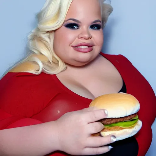 Image similar to a medium shot photo of trisha paytas extremely obese with a hamburger in her hand,8k, DSLR, highly detailed skin, highly detailed hands