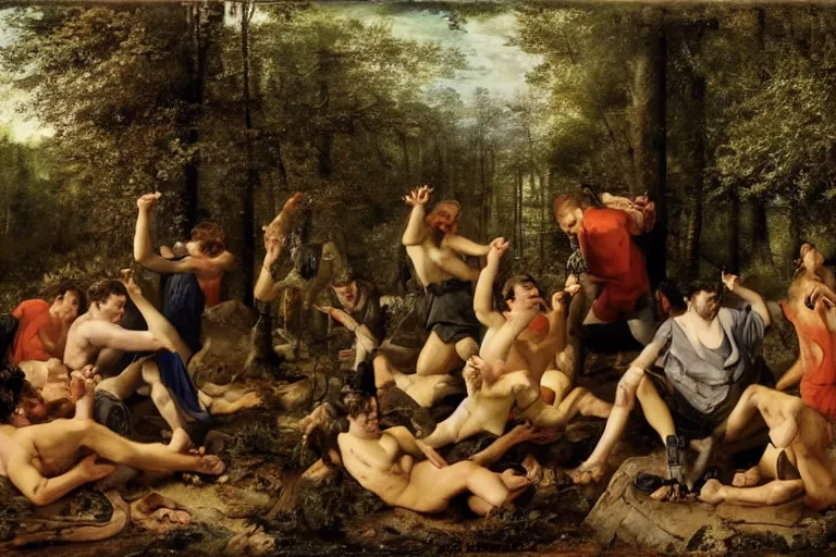 Image similar to mid - thirties guys binge drinking in a forest, in the style of skovgaard