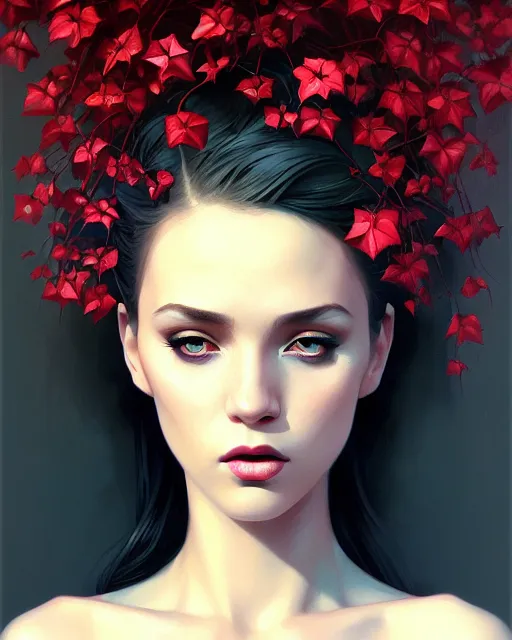 Image similar to stylized portrait of an artistic pose, composition, dark mysterious young lady, cinematic moody colors, ivy, flowers, one single head, realistic shaded, fine details, realistic shaded lighting poster by ilya kuvshinov, magali villeneuve, artgerm, jeremy lipkin and michael garmash and rob rey