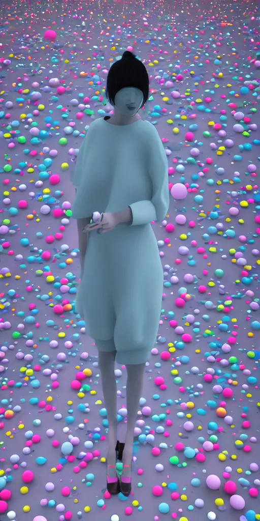 Image similar to 3d matte render, dj rave party, Hsiao-Ron Cheng, balloons, pastel colors, hyper-realism, pastel, polkadots, minimal, simplistic, amazing composition, woman, vaporwave, wow, Gertrude Abercrombie, Beeple, minimalistic graffiti masterpiece, minimalism, 3d abstract render overlayed, black background, psychedelic therapy, trending on ArtStation, ink splatters, pen lines, incredible detail, creative, positive energy, happy, unique, negative space, pure imagination painted by artgerm