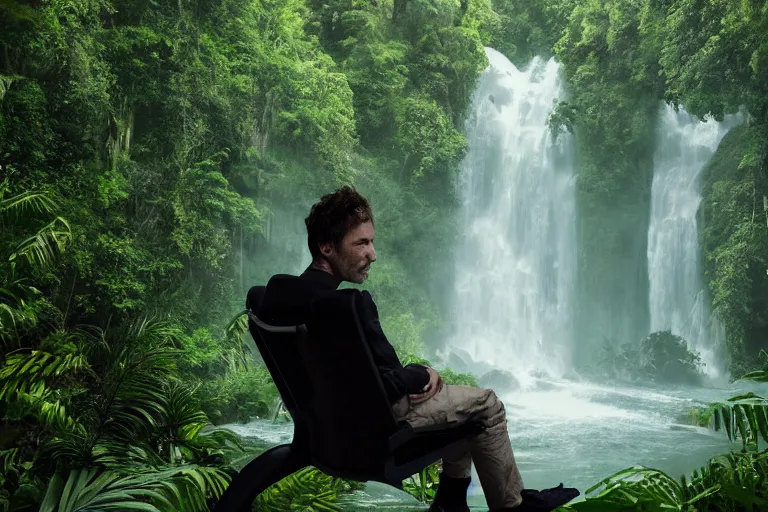 Image similar to movie closeup young man with a grey beard in a cyberpunk suit sitting on a futuristic chair at the edge of a jungle waterfall by emmanuel lubezki