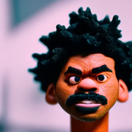 Image similar to a cinematic film still of a claymation stop motion film starring chance the rapper as a college student, shallow depth of field, 8 0 mm, f 1. 8