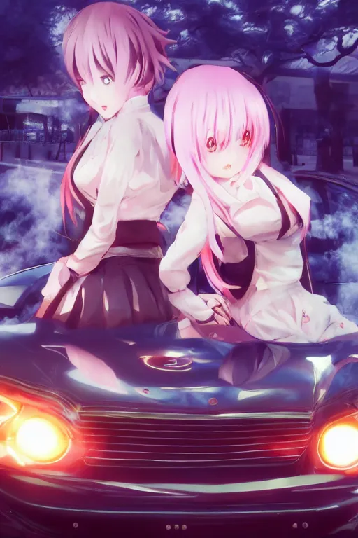 Image similar to 3D anime poster by D. Jun, by Mo Xiang Tong Xiu, by Igarashi Daisuke, Unreal Engine Infrared photo, beauty anime schoolgirls in Japanese maid's clothes and hugging inside a JDM car at night in a parking lot, anime vintage colors, polaroid, foggy, smoke, daz 3d, octane render, trending on artstation, volumetric light, cinematic render, ultra realistic, oil painting