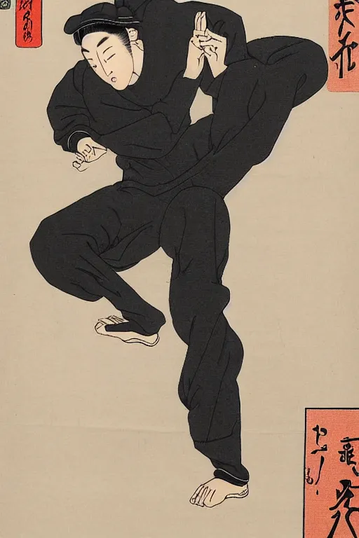 Image similar to Ukiyo-e art of squatting man in black Adidas tracksuit