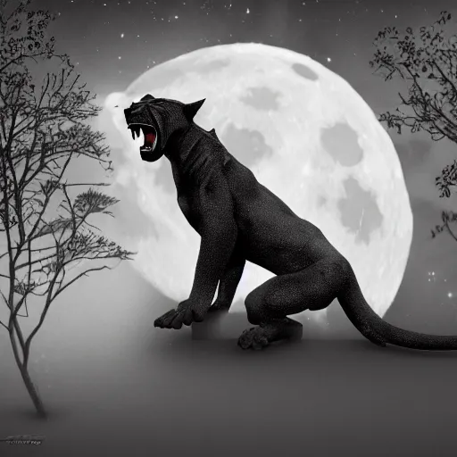 Image similar to a panther roaring at the moon in a forest during the night, large moon in the center. trending on artstation. cinematic. photoreal. dark colors. night.