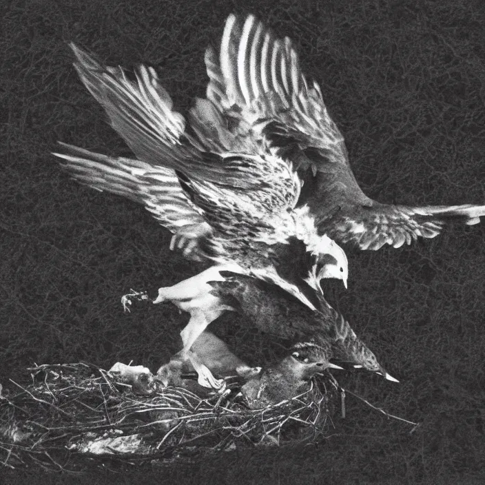 Prompt: bird of prey feeding a rabbit carcass to its offspring in the nest, dark photo, black and white photo, trees and branches background, motion blur, halftone printing, grainy, bad photocopy, bad print