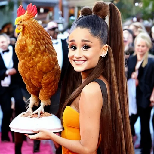 Prompt: ariana grande carrying a gigantic chicken egg in her hands award winning photo