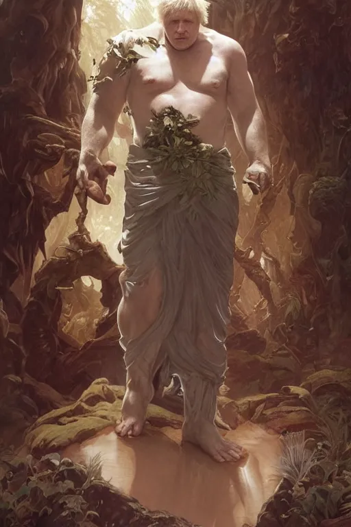 Image similar to portrait of boris johnson as a very pale hulking herculean demon, forest, godlike, full body, fantasy, intricate, elegant, highly detailed, digital painting, artstation, concept art, sharp focus, illustration, art by artgerm and greg rutkowski and alphonse mucha