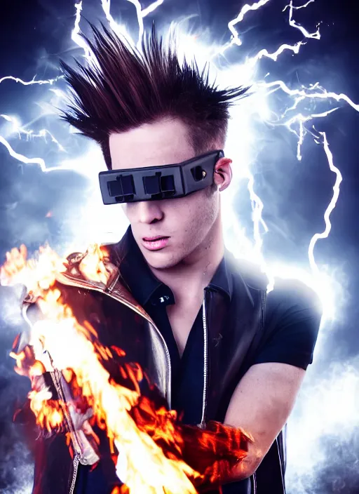 Image similar to photorealistic young man with red spiked long hair, using googles. Wearing black waistcoat, white shirt. throwing fire blast from his hands. rockstar. dynamic lightning. rpg portrait