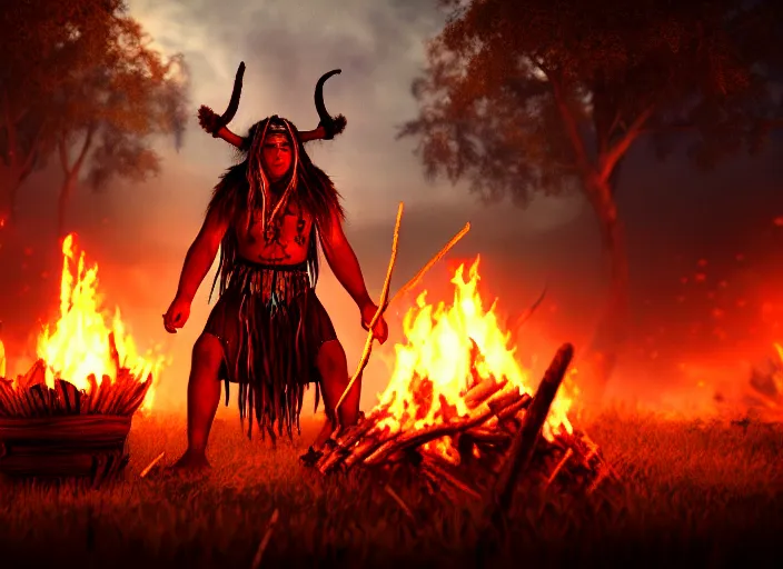 Prompt: shaman behind bonfire twilight hyper realistic cinematic art 4 k great view high quality