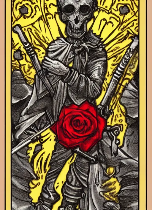 Image similar to tarot card :: horror :: hearts and roses :: gold and silver :: guns and swords :: by deiv calviz and bossmonsterbani