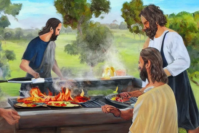 Image similar to painting of Australian Jesus cooking at BBQ, by Reg Mombasa