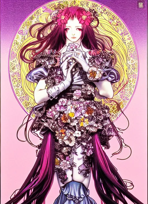 Image similar to artstation highly detailed terada katsuya manga poster of girl mechine, rainbow gradient reflection bloom, ayami kojima, long hair, wapon, armor, dress, laces, ruffles, 8 k, maximalist, alphonse mucha