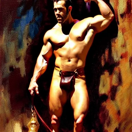 Image similar to muscular ryan reynolds putting on leather pants, painting by gaston bussiere, craig mullins, j. c. leyendecker, tom of finland