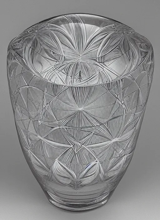 Image similar to Vase of flowers in the shape of impossible geometry by Escher, designed by Rene Lalique