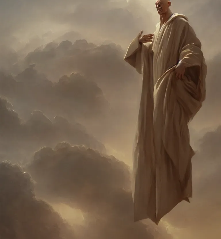 Prompt: symmetric painting of a bald tall tan man with elongated ears wearing a flowing robe overlooking the earth, nature, eyes closed, greg rutkowski, lacoste, raphael, ruan jia, trending on artstation, detailed digital art