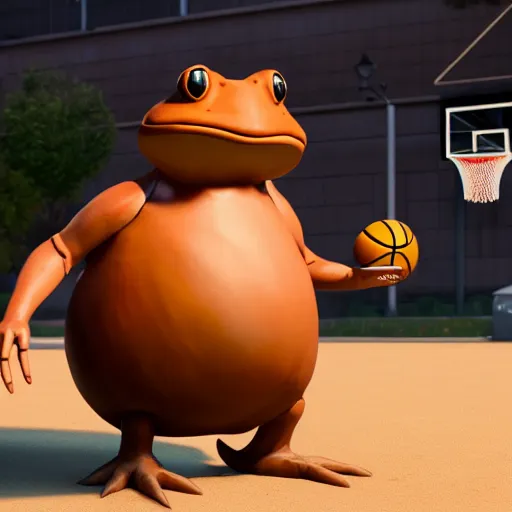 Image similar to a six foot tall anthropomorphic toad playing basketball, spotted, light brown, unreal engine, 4 k, artstation, ultra realistic, dynamic lighting, dynamic shadow,