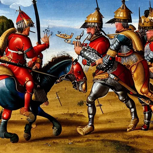 Prompt: Battle of Pavia in 1525, Landsknecht vs Swiss pikemen, medieval painting