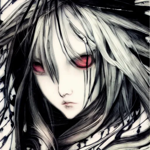 Image similar to Yoshitaka Amano blurred and dreamy illustration of an anime girl with a pirate eye patch, wavy white hair and cracks on her face wearing elden ring armour with the cape fluttering in the wind, abstract black and white patterns on the background, noisy film grain effect, highly detailed, Renaissance oil painting, weird portrait angle