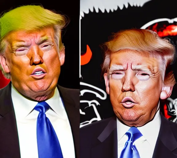 Image similar to color photo still of donald trump and joe biden singer music group insane clown posse icp, live performance, face closeup detailed