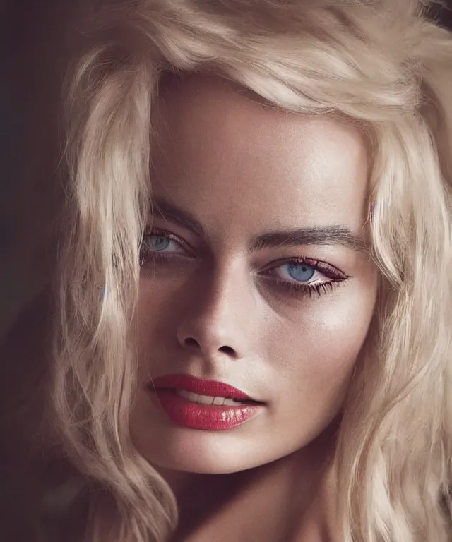 Image similar to a color photograph of margot robbie, by thomas ruff, platinum blond, intense, bold, exaggerated, ultra sharp, extra details, ultra high quality, trending on pinteresst