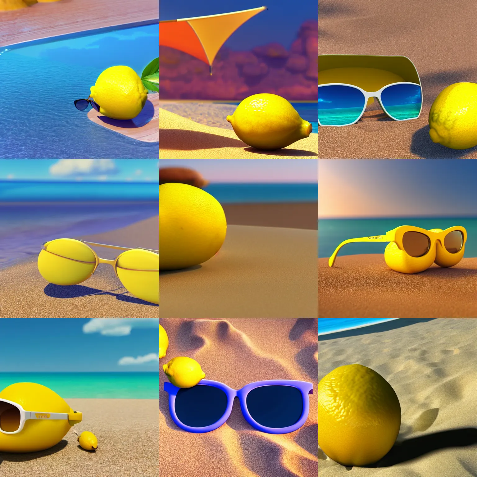 Prompt: a lemon wearing sunglasses relaxing on the beach, pixar movie still, 3 d, realistic render, hyperdetailed, 4 k