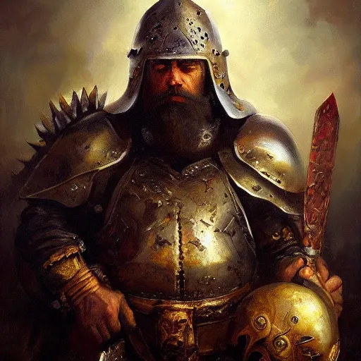 Prompt: high quality oil painting portrait of a taco warrior with iron helm and long beard by Rembrandt and Raymond Swanland, dark background, high fantasy, perfect lighting