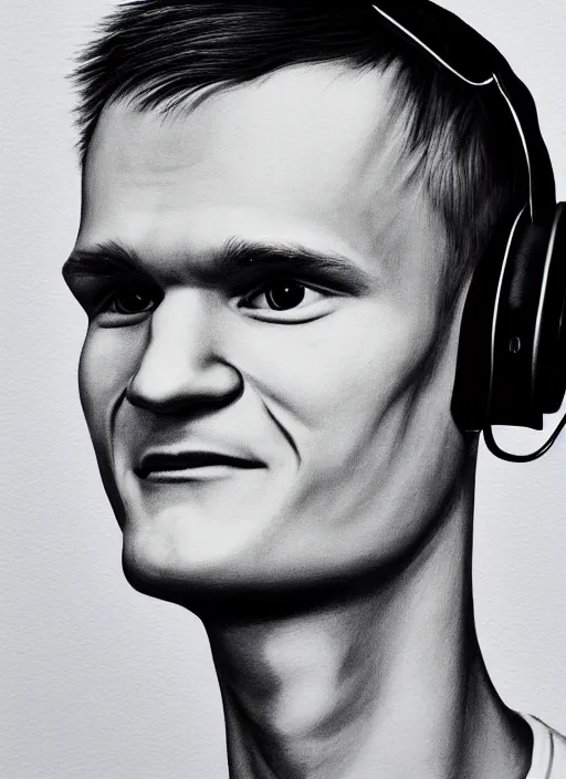 Image similar to vitalik buterin in headphones. vitalik buterin, medium shot, perfect symmetric face, coherent eyes, cute happy face, fine details., 4 k, hans zatska, oil paint