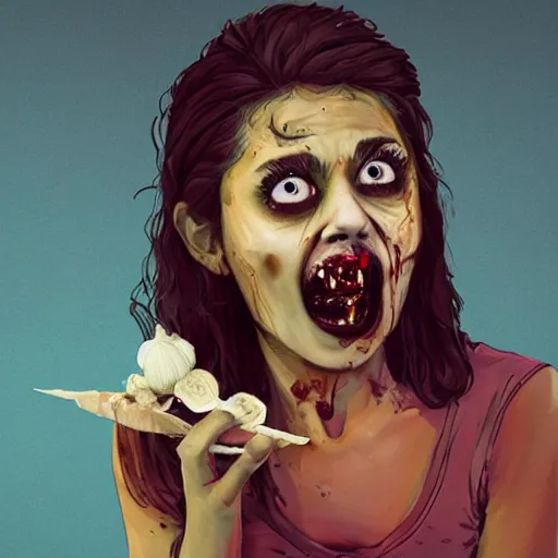 Image similar to zombie sarah hyland eating a clove of garlic, art by beeple