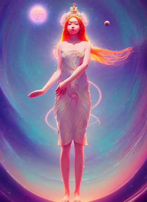 Image similar to a beautiful goddesses, full body, planets, sky, dream, highly detailed, digital painting, refreshing, trending on artstation, octane render, illustration by james jean