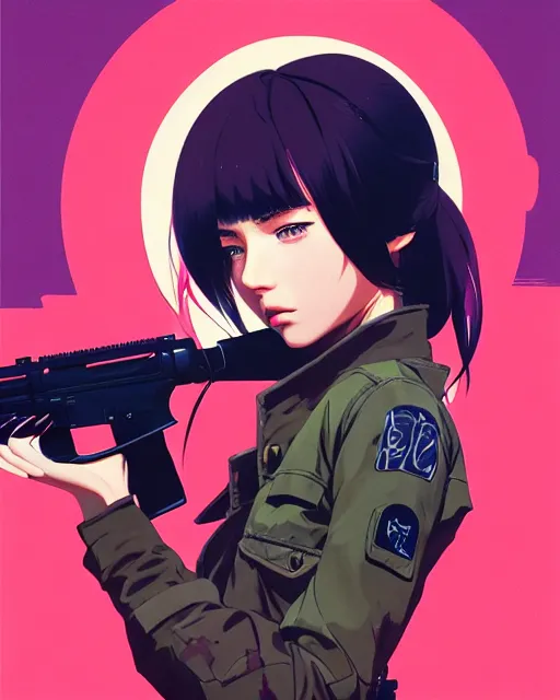 Image similar to girl holding a rifle | | very very anime!!!, fine - face, audrey plaza, realistic shaded perfect face, fine details. anime. realistic shaded lighting poster by ilya kuvshinov katsuhiro otomo ghost - in - the - shell, magali villeneuve, artgerm, jeremy lipkin and michael garmash and rob rey