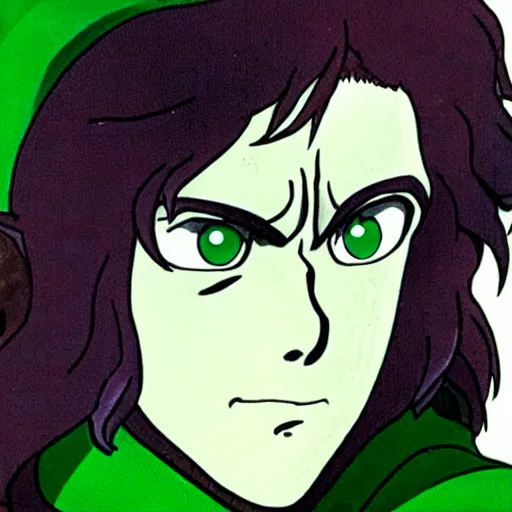 Prompt: pippin from the anime lord of the rings (1986), dark hair, green cape, studio ghibli, very detailed, realistic