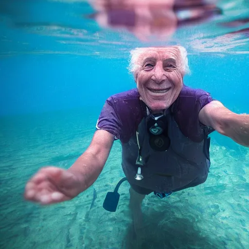 Prompt: a smiling old man hidden under water