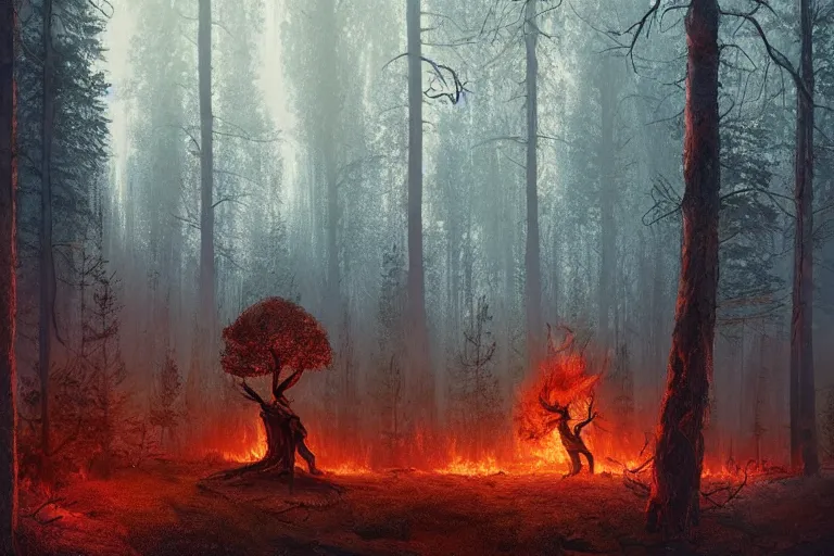 Image similar to fire demon standing in a beautiful swedish forest, highly detailed, hyperrealistic, very sharp focus, intricate, soft lighting, wide shot photograph, digital painting by simon stålenhag