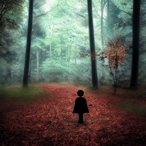 Image similar to lost child in woods, spooky, cel shaded, glossy