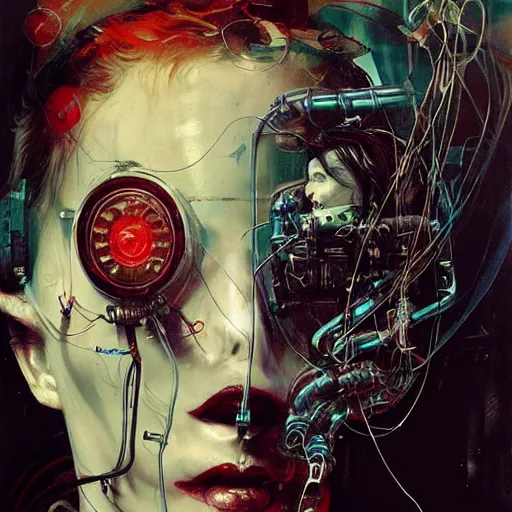 Image similar to shannyn sossamon as a cyberpunk hacker, wires cybernetic implants, in the style of adrian ghenie, esao andrews, jenny saville, surrealism, dark art by james jean, takato yamamoto