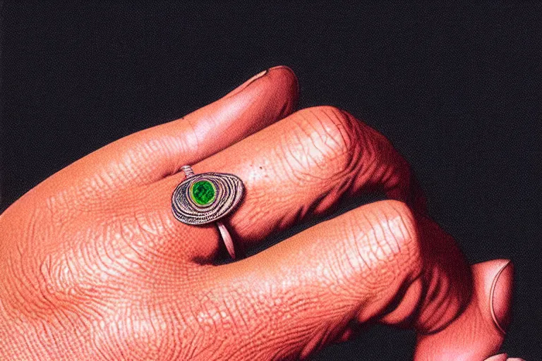 Image similar to a picture of a finger with a gem ring, slay, by moebius, hyperrealism, intricate detailed, risograph