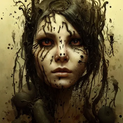 Image similar to portrait of a woman with long black hair and dozens of grubs on her face, coming out of holes in her skin, trypophobia, horror art, dramatic lighting, illustration by Greg rutkowski, yoji shinkawa, 4k, digital art, concept art, trending on artstation