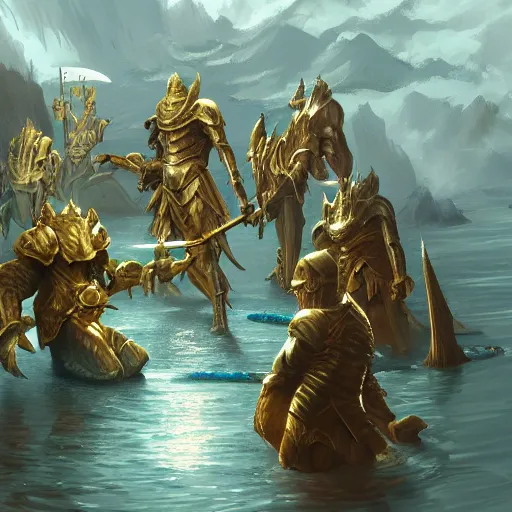 Prompt: 7 knights in golden armor watching a dead dragon body crushed in a lake, fantasy, highly detailed, digital painting, artstation, concept art, illustration