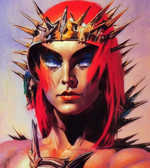 Image similar to portrait of strong female chaos angel, beautiful! coherent! by frank frazetta, by brom, strong line, vivid neon color, spiked metal armor, iron helmet maximalist