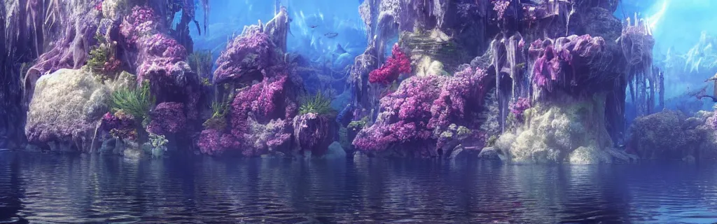 Prompt: a ultra realistic cg rendering of underwater wonderland, dream, magnificent palace, serene landscape, by yoshitaka amano ， unreal engine ， 4 k resolution,