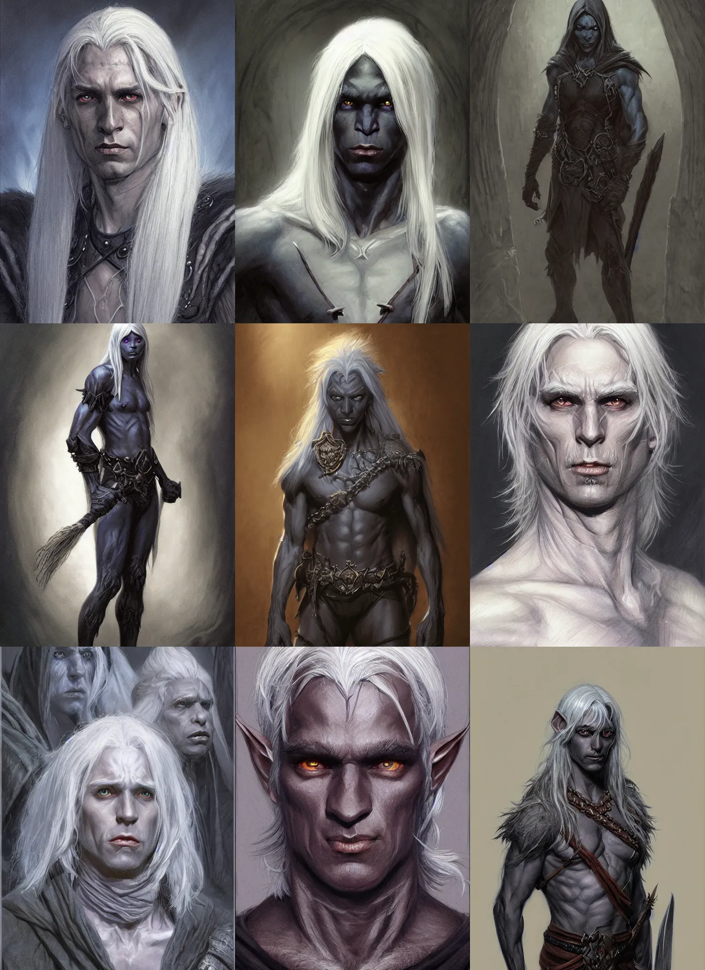 Prompt: a portrait of a dark drow elf male, medium length white hair, young adult, happy, charcoal color skin, curious, style by donato giancola, wayne reynolds, jeff easley dramatic light, high detail, cinematic lighting, artstation, dungeons and dragons