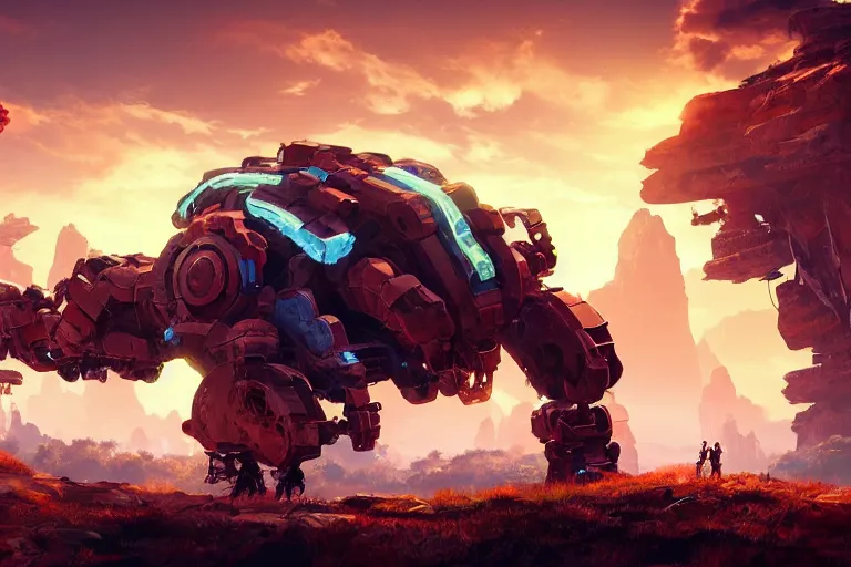 Image similar to rockbreaker machine mecanical creature robot of horizon forbidden west horizon zero dawn radiating a glowing aura global illumination ray tracing hdr fanart arstation by ian pesty and alena aenami artworks in 4 k