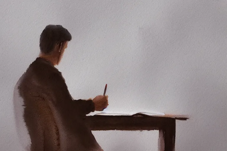 Image similar to a watercolor painting of a man writing in a large leather notebook in a foggy room by jama jurabaev, cinematic shot, trending on artstation, high quality, ultra realistic