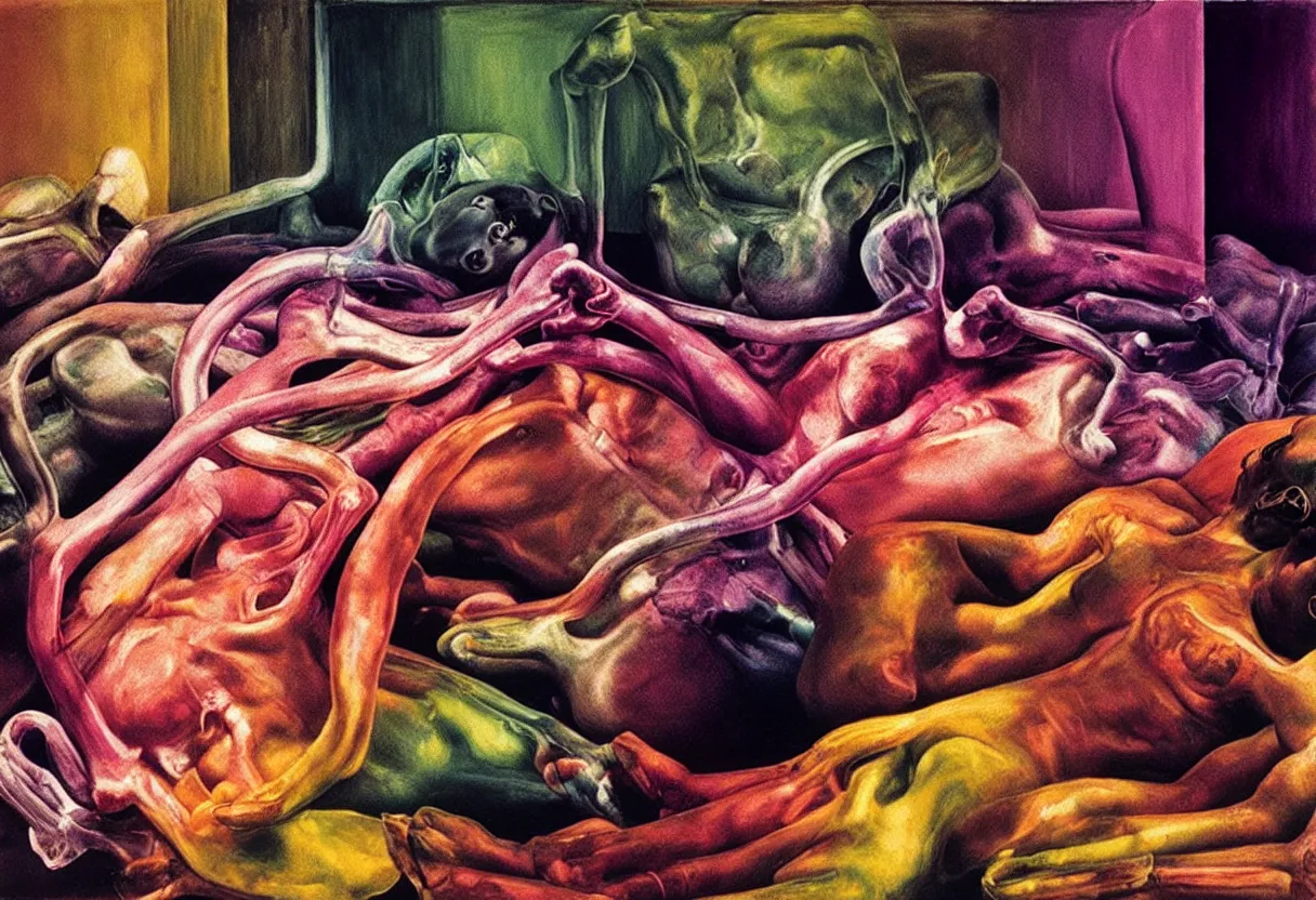 Prompt: lungs, vivid colors, neon, art by ( ( ( lucian freud ) ) ) and gregory crewdson and francis bacon