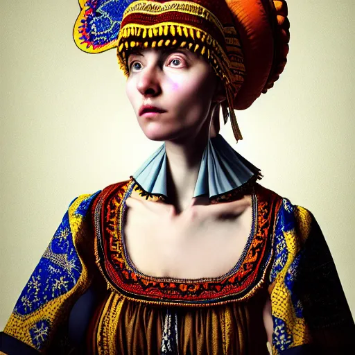 Image similar to Colour Caravaggio style Photography of Highly detailed beautiful Woman wearing detailed Ukrainian embroidery folk costume designed by Taras Shevchenko with 1000 years perfect face wearing highly detailed retrofuturistic VR headset designed by Josan Gonzalez. Many details In style of Josan Gonzalez and Mike Winkelmann and andgreg rutkowski and alphonse muchaand and Caspar David Friedrich and Stephen Hickman and James Gurney and Hiromasa Ogura. Rendered in Blender and Octane Render volumetric natural light