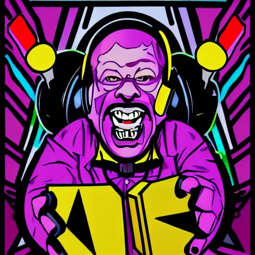 Image similar to svg vector sticker of absolutely insane-mad-scientist-villain, rocking out, wearing headphones, huge speakers, dancing, rave, DJ, spinning records, digital art, amazing composition, rule-of-thirds, award-winning, trending on artstation, featured on deviantart