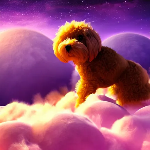 Prompt: A dog planet, the planet is made out of dog fur and is fluffy. Digital art, 8k, low angle, studio lighting.