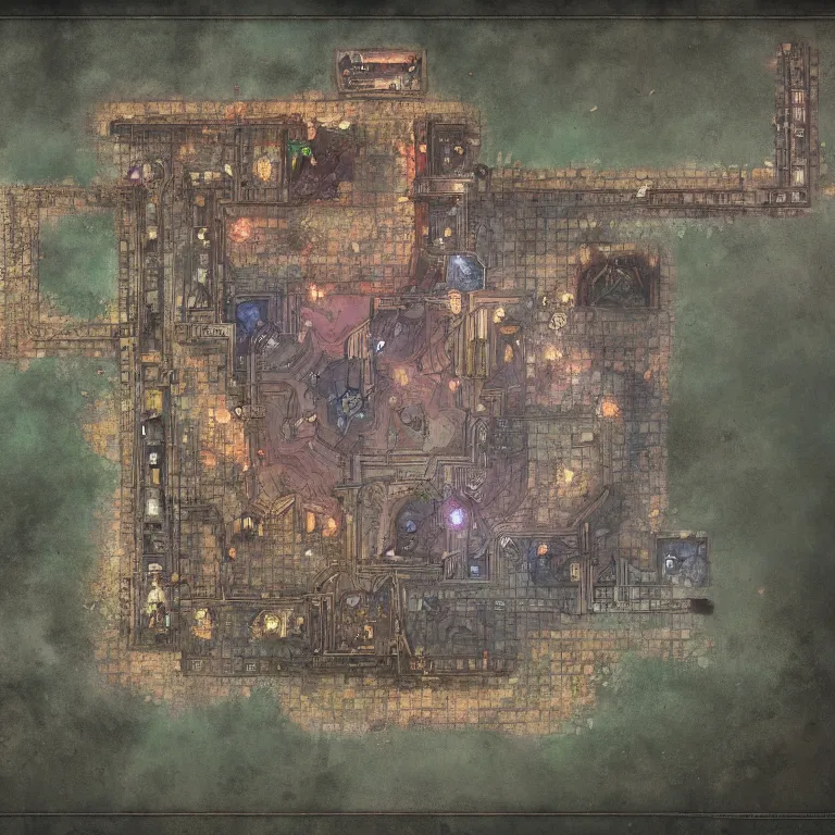 Image similar to full - color fantasy floor plan map of a dungeon, by greg rutkowski, trending on artstation